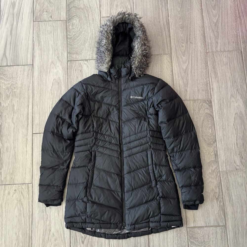 Columbia Omni-Heat 650 Down Puffer Jacket 1658301 Faux Fur Black Womens Small